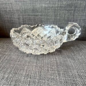 Elegant Clear cut crystal Glass bowl with handle so pretty for trinkets or food